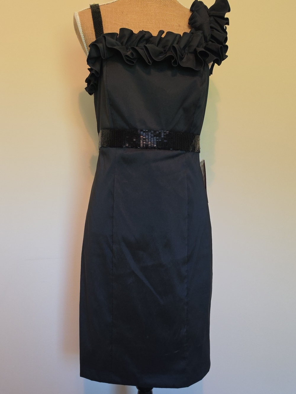 JS Collections Black One-Shoulder Ruffle Sheath Dress with Sequin Belt